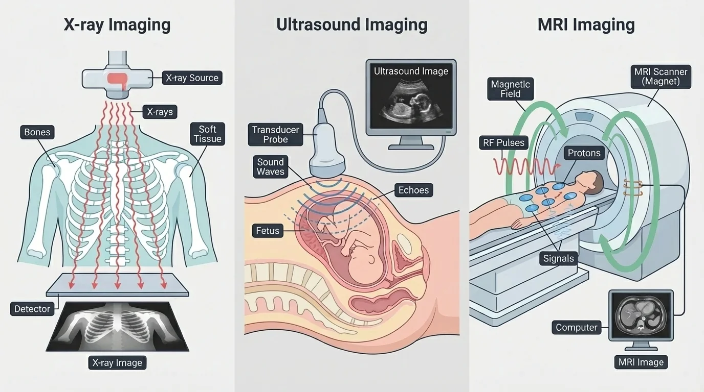 three-panel comparison showing X-rays passing through a body to a detector, ultrasound probe sending echoes from tissues, and MRI scanner using magnetic field with radio pulses around a patient