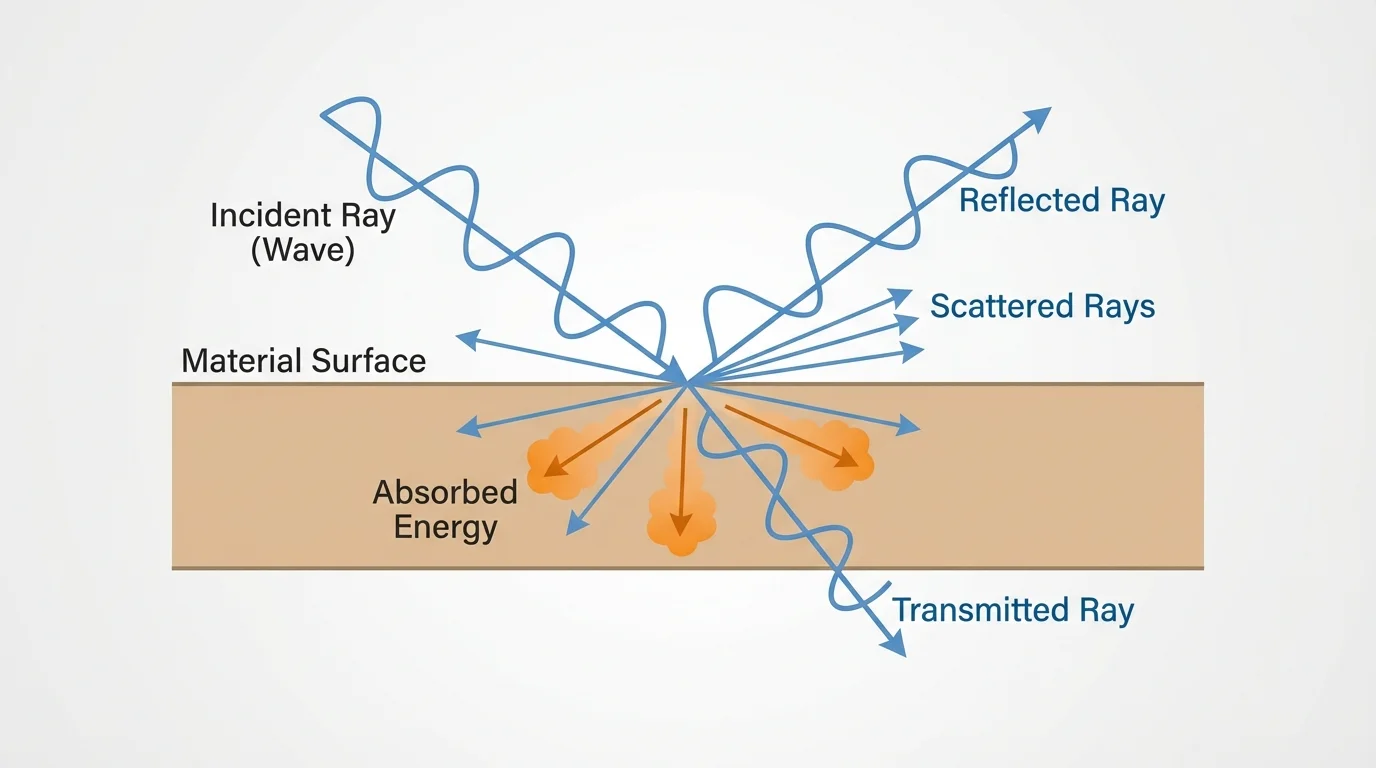 labeled diagram of a wave striking a material surface with reflected ray, transmitted ray, absorbed energy in the material, and scattered rays in multiple directions
