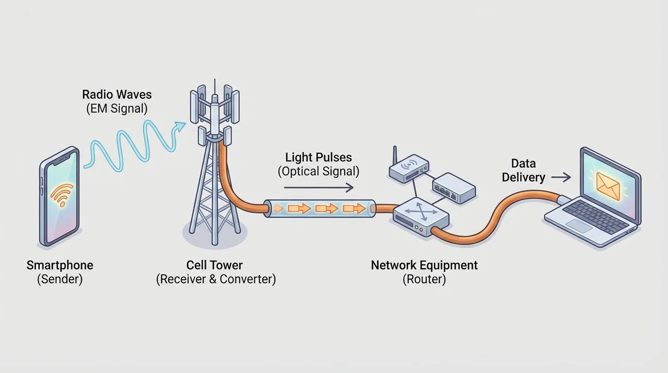 smartphone sending radio waves to a cell tower, conversion to light pulses in fiber optic cable, routing through network equipment, and delivery to a receiving laptop