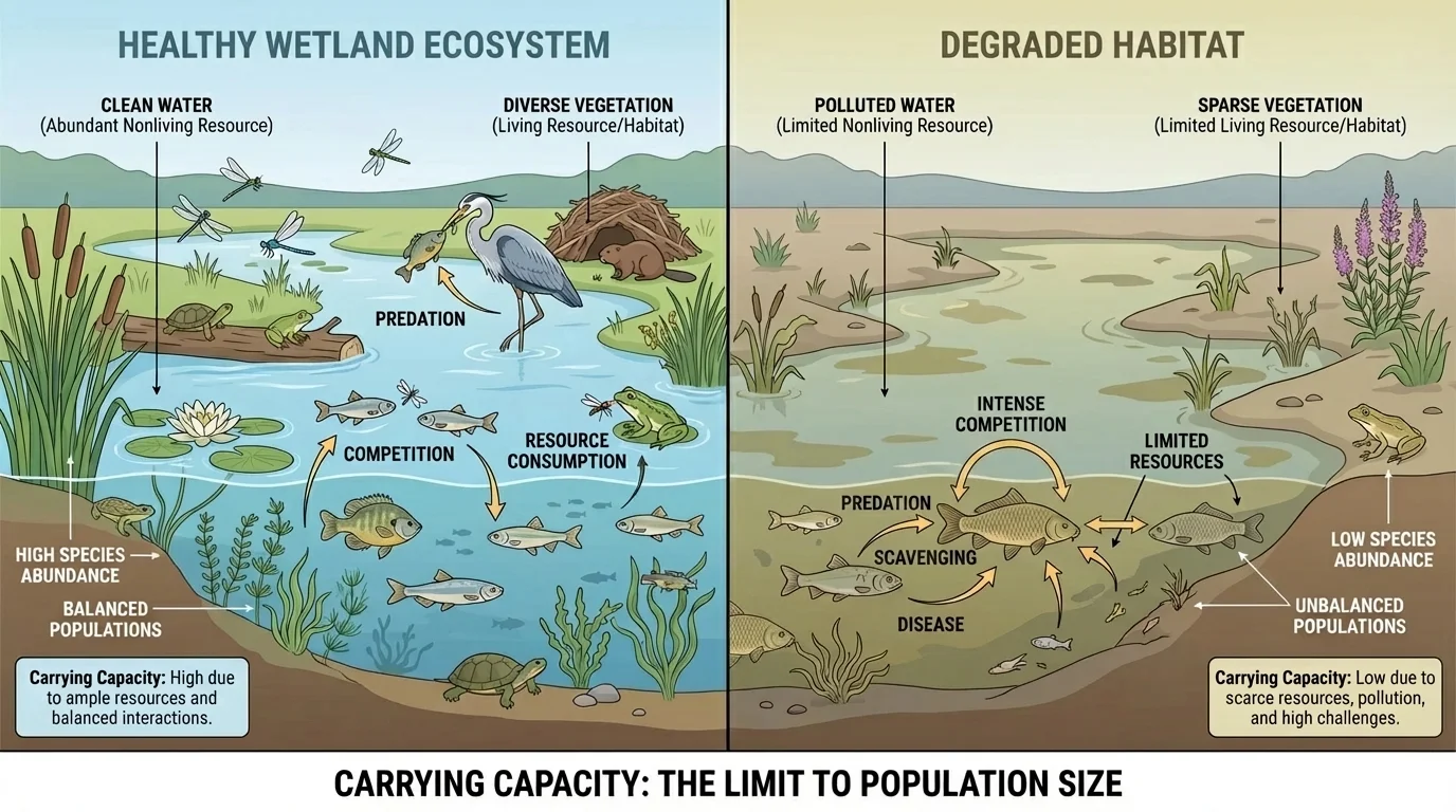 Illustration comparing a healthy wetland ecosystem with a degraded habitat, showing differences in species abundance and resource availability