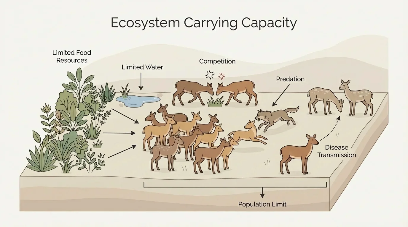 Labeled ecosystem diagram showing plants, herbivores, predators, and disease transmission arrows within a crowded population