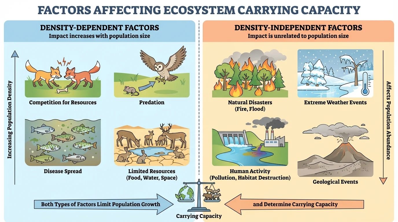 Comparison chart with examples of density-dependent factors on one side and density-independent factors on the other