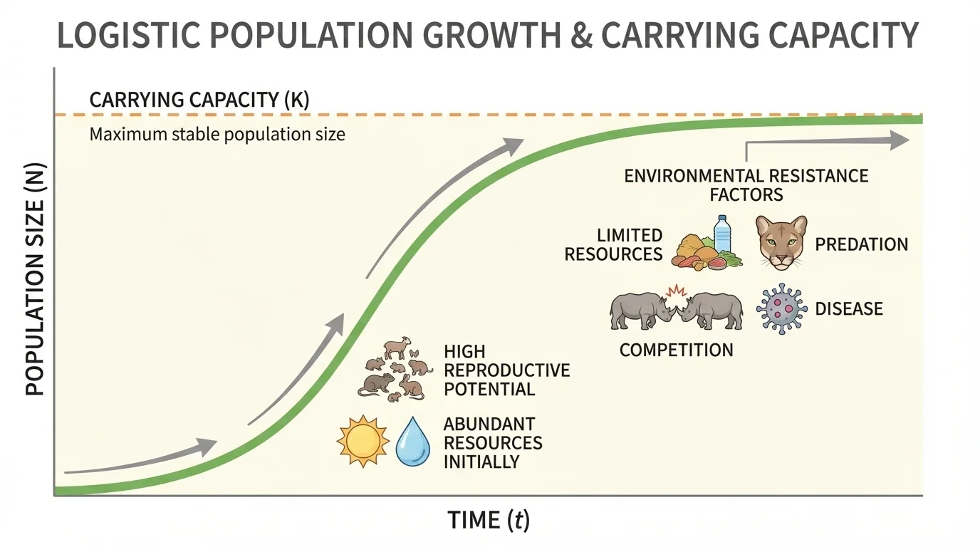 Graph of population size over time showing logistic growth leveling near carrying capacity with the carrying capacity line labeled
