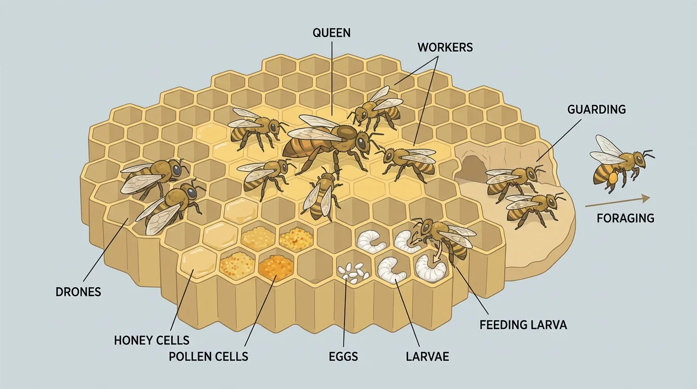 Bee colony cross-section showing queen, workers, drones, brood cells, and worker tasks such as feeding larvae, guarding, and foraging