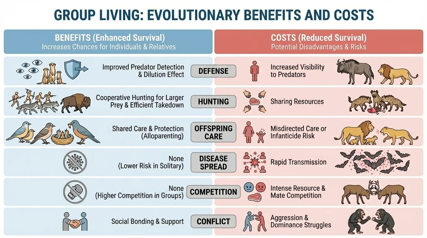 Comparison chart of benefits and costs of group living with columns for defense, hunting, offspring care, disease spread, competition, and conflict