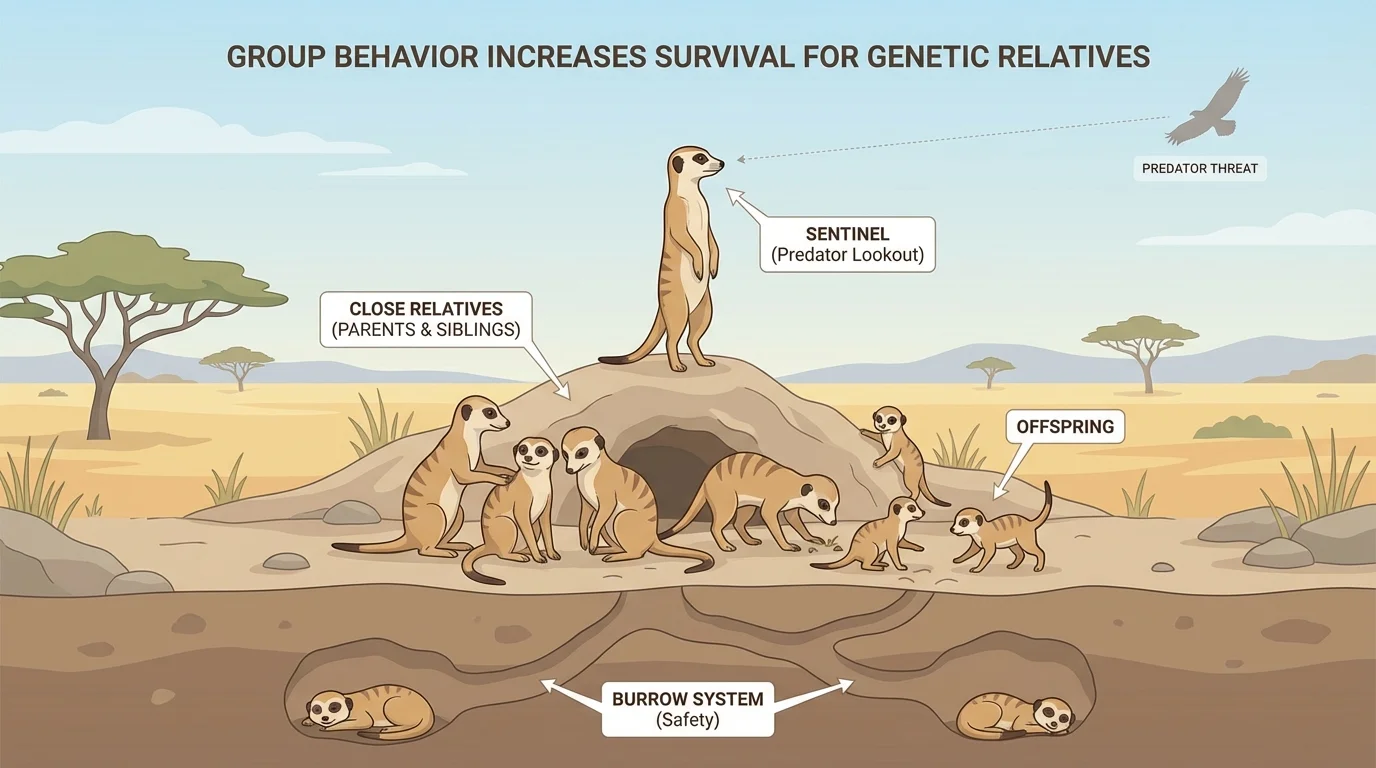 Meerkat family group with a sentinel on guard, labeled close relatives such as siblings, offspring, and parents, with predator lookout behavior