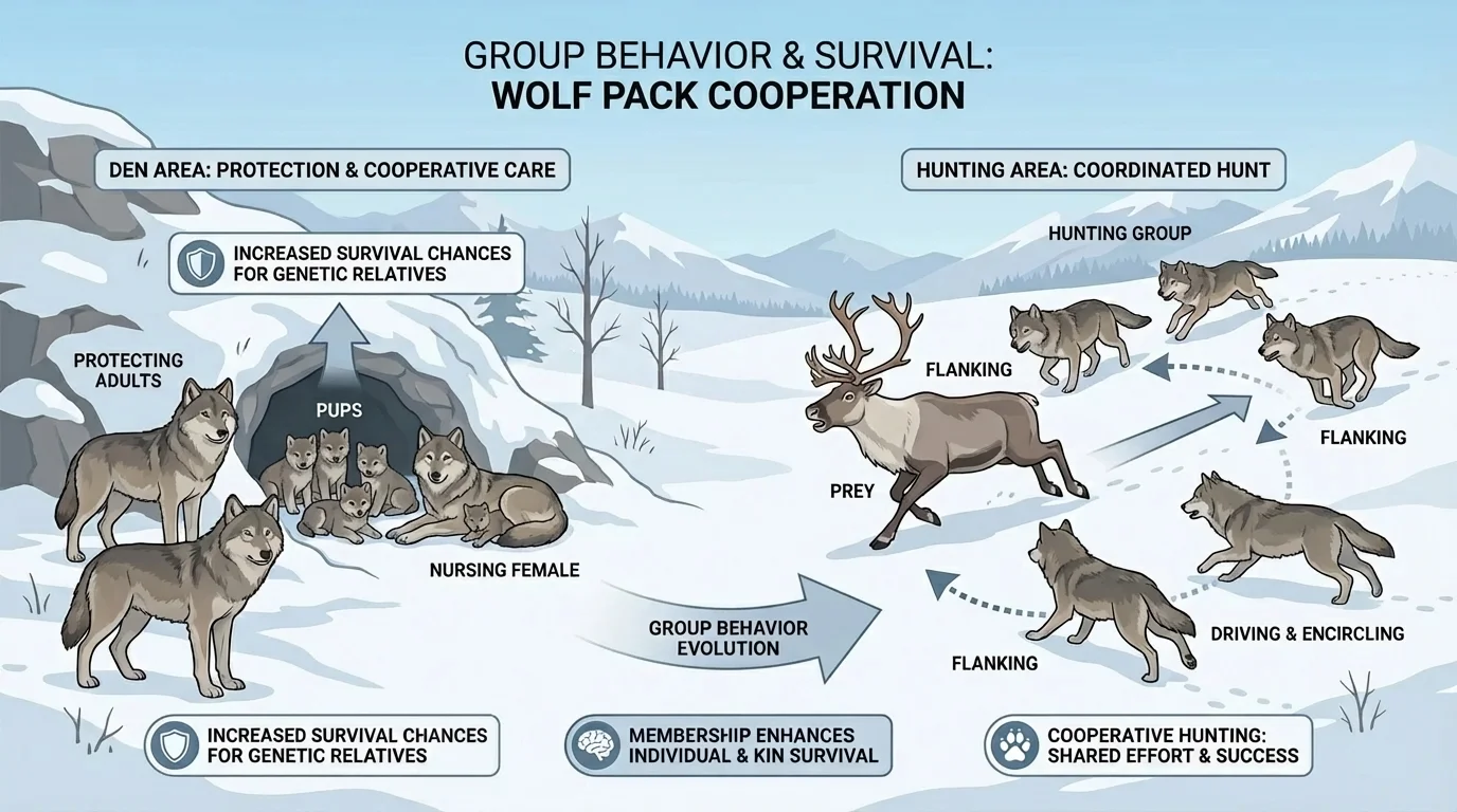 Wolf pack coordinating a hunt in a snowy landscape while pups remain near several adults at a den area, showing protection and cooperative hunting