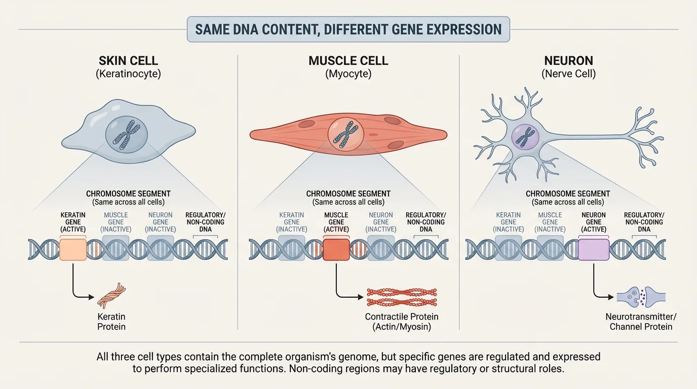 Comparison diagram of a skin cell, muscle cell, and neuron with the same DNA in each nucleus but different genes highlighted as active