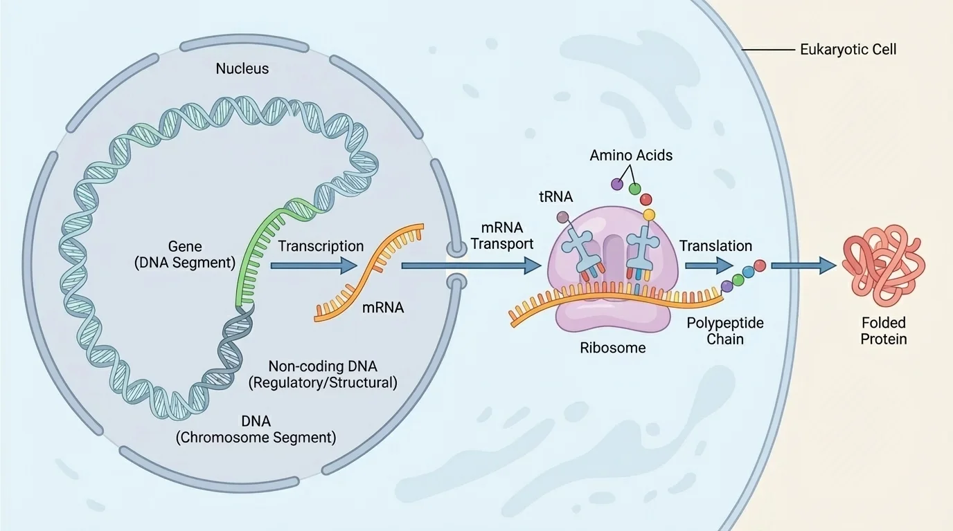 Flowchart showing DNA in nucleus, transcription to mRNA, mRNA moving to ribosome, and translation into a folded protein