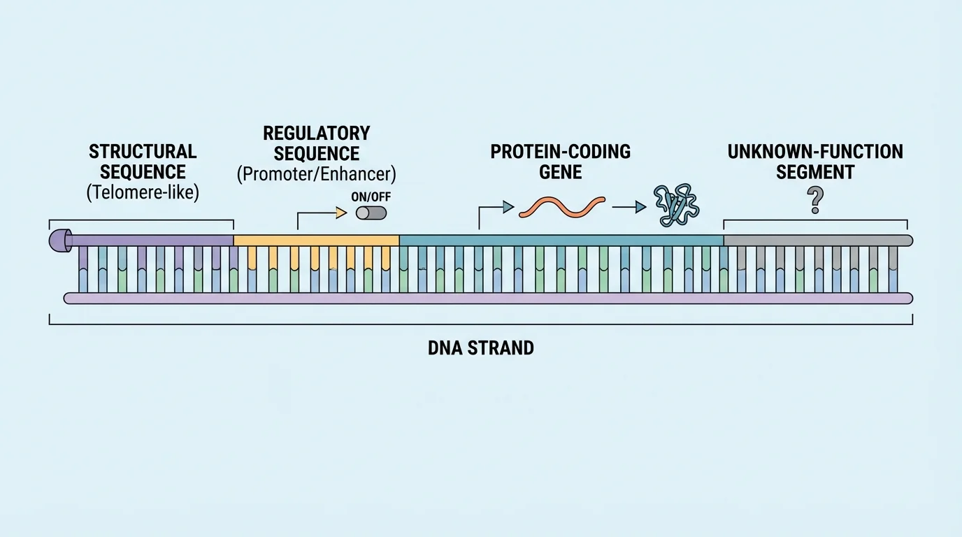 Diagram of a DNA strand with labeled regions for protein-coding gene, promoter or enhancer regulatory sequence, telomere-like structural sequence, and unknown-function segment