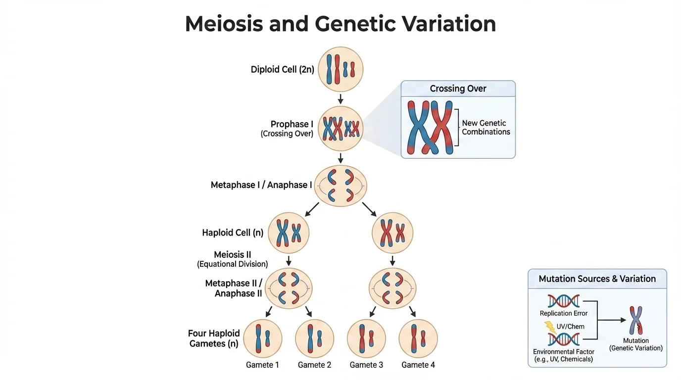 Labeled meiosis diagram showing one diploid cell with homologous chromosome pairs progressing through meiosis I and meiosis II into four genetically different haploid gametes