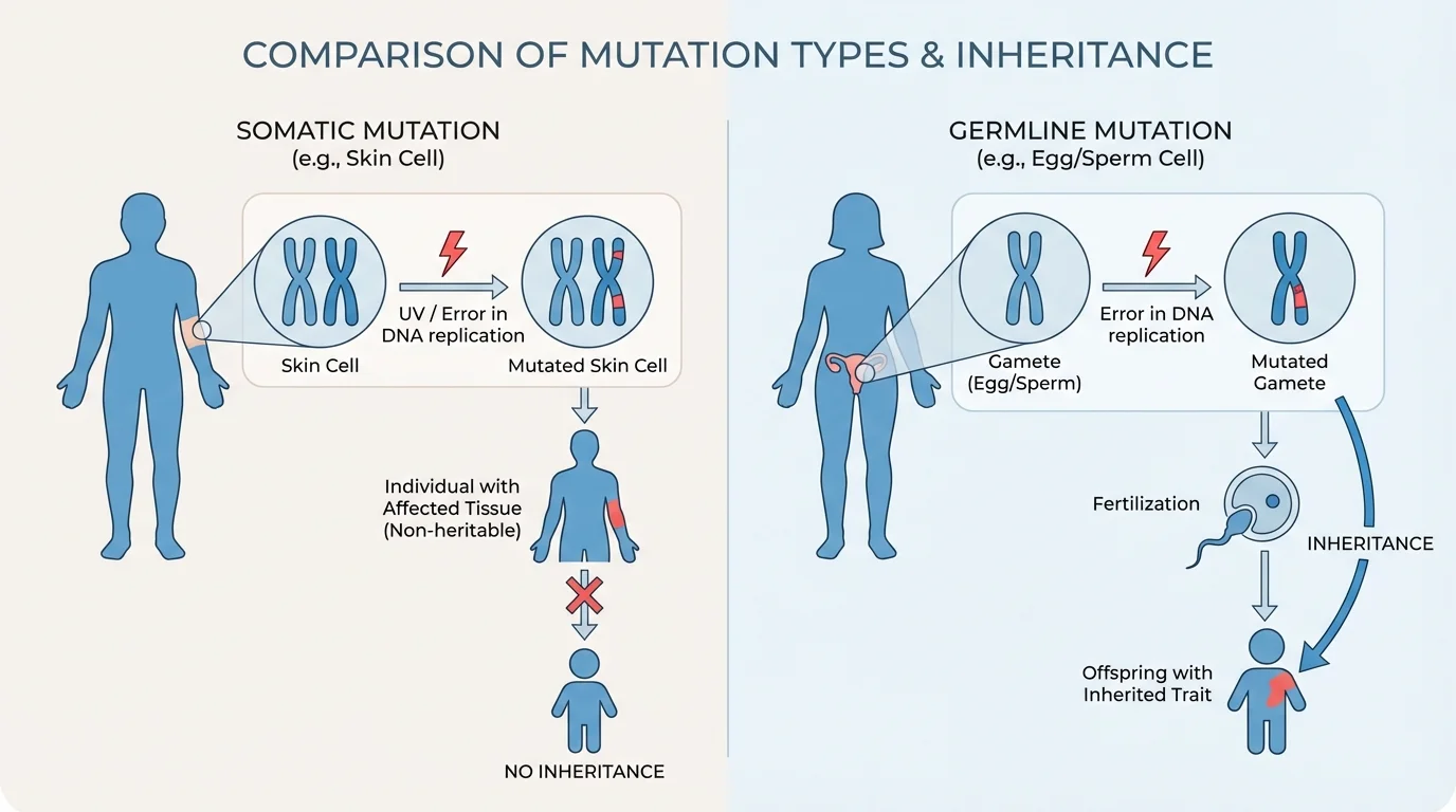Simple hereditary diagram comparing a mutation in a skin cell versus a mutation in an egg or sperm cell, with arrows indicating inheritance only from the gamete mutation