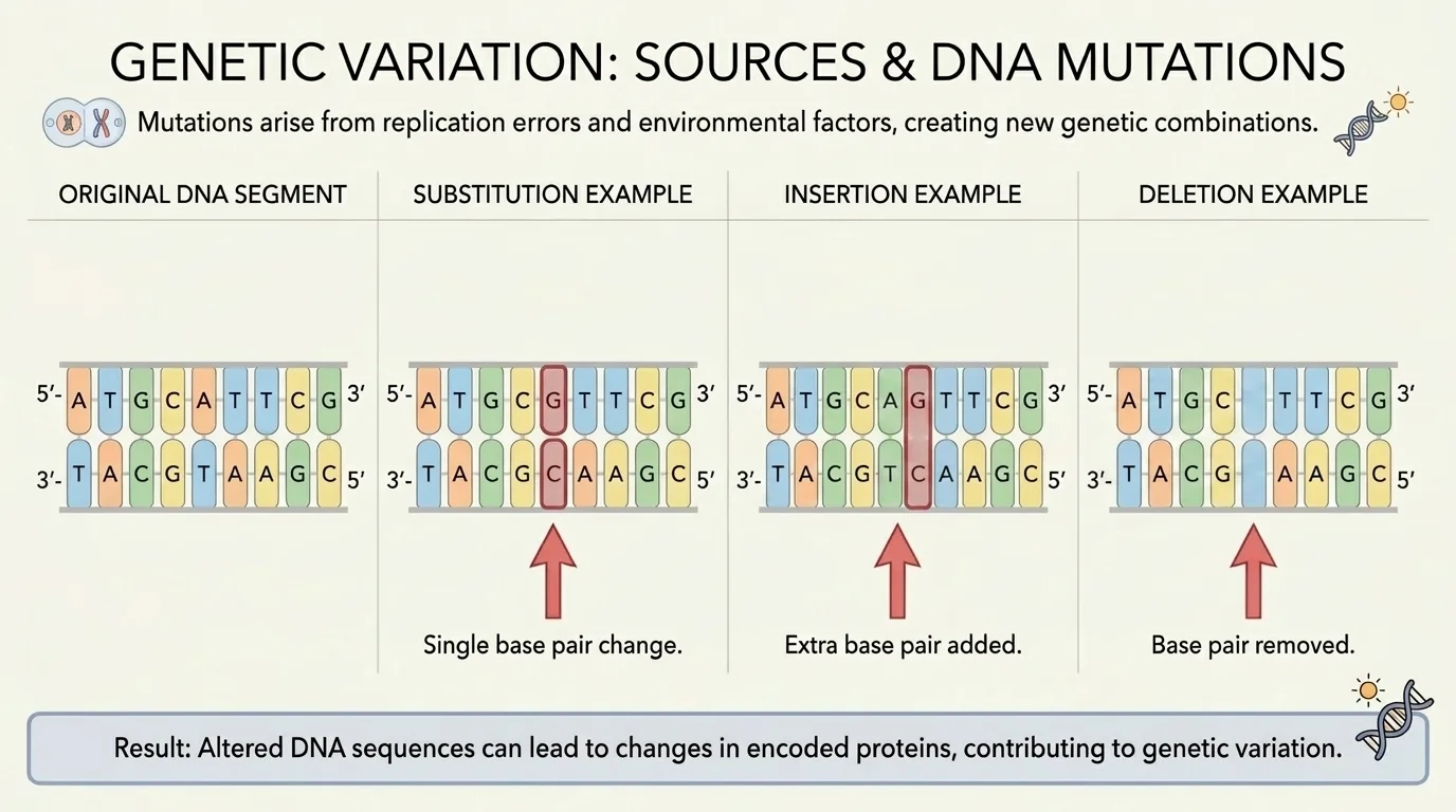 Gene sequence comparison chart showing an original DNA segment beside substitution, insertion, and deletion examples with arrows marking changed bases