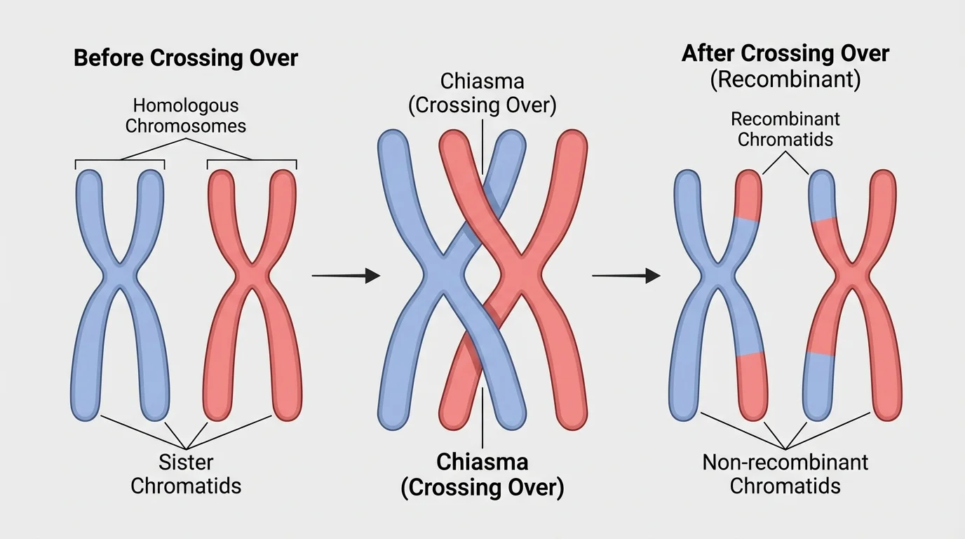 Close-up chromosome diagram showing paired homologous chromosomes in prophase I, crossing over at a chiasma, and recombinant chromatids with swapped colored segments