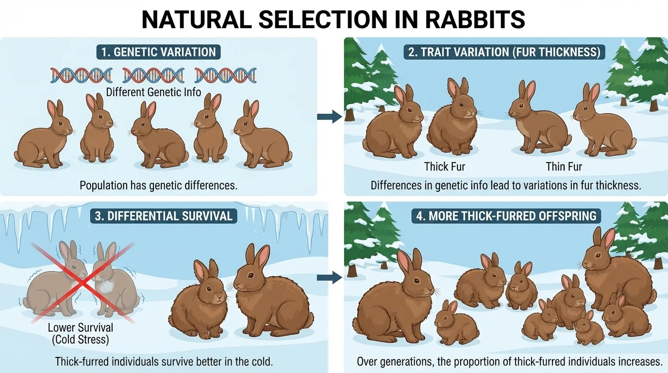 Four-step natural selection sequence using rabbits in a cold habitat—genetic variation, fur thickness differences, differential survival, and more thick-furred offspring over generations