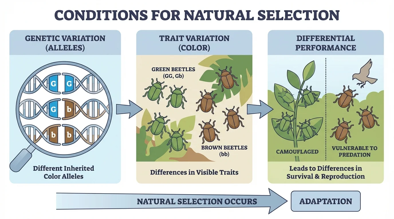 Population of beetles with different inherited color alleles, simple DNA labels, and visible color variants such as green and brown beetles