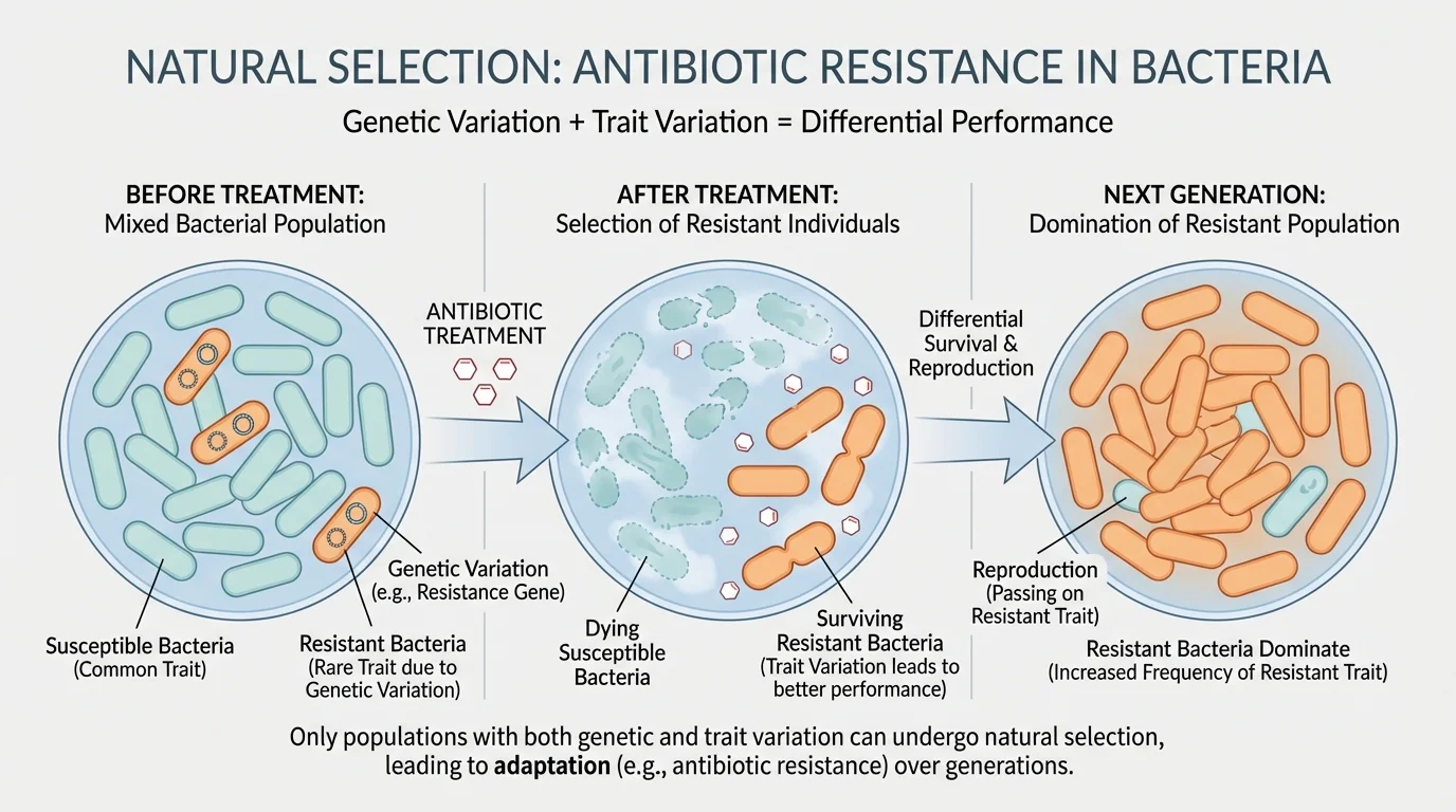 Mixed bacterial population before antibiotic treatment, susceptible bacteria dying after treatment, and resistant bacteria reproducing to dominate the next generation