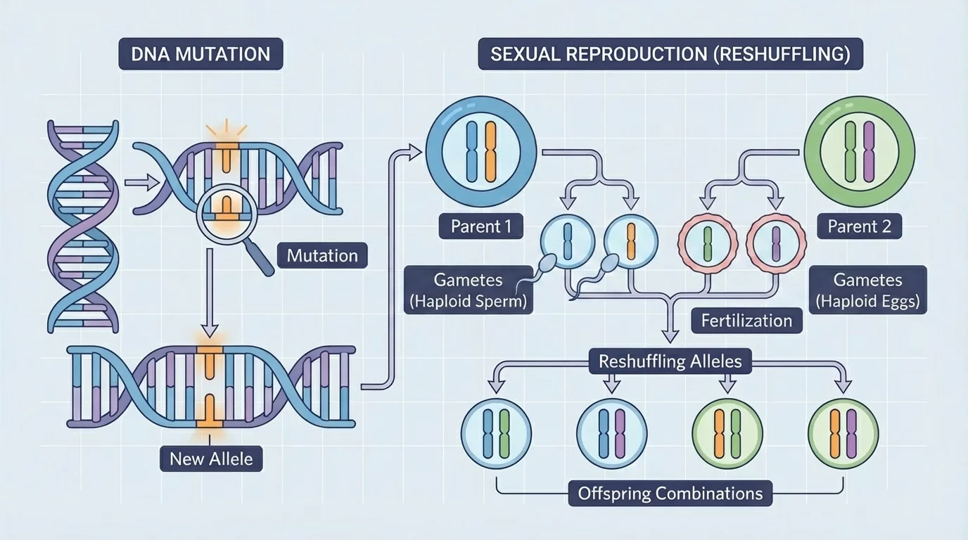 Diagram showing DNA mutation creating a new allele and sexual reproduction reshuffling alleles into different offspring combinations