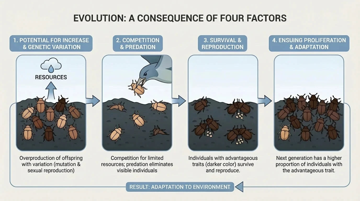 Illustration of beetles on dark ground across generations, with more visible beetles eaten and darker beetles becoming more common