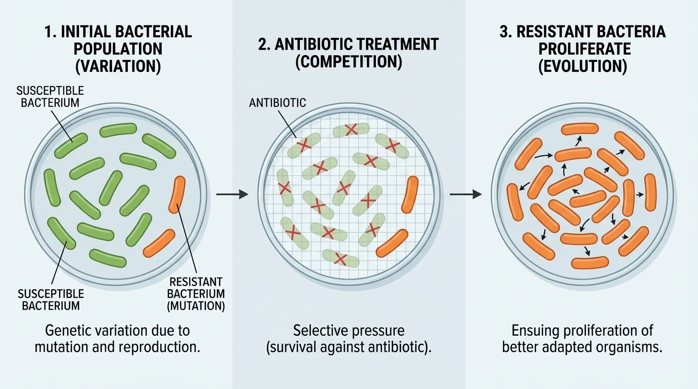 Flowchart showing a bacterial population with variation, antibiotic treatment killing susceptible bacteria, resistant bacteria surviving and reproducing