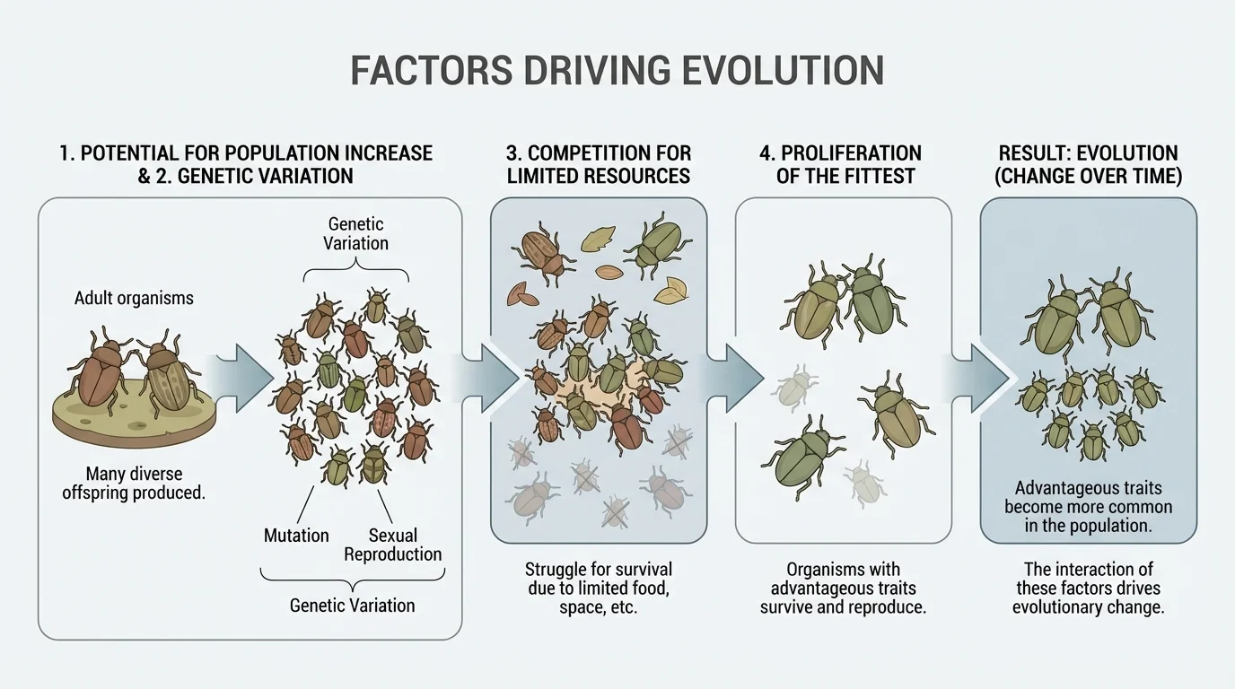 Population growth diagram showing many offspring produced by a pair of organisms but only a few surviving to reproduce in a limited environment