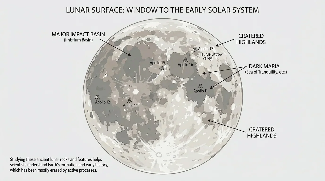 Labeled Moon surface showing cratered highlands, dark maria, major impact basins, and Apollo sample landing regions