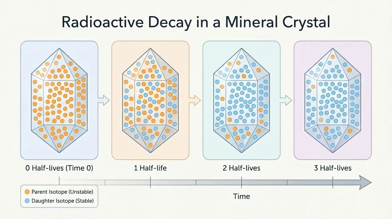 Mineral crystal with parent isotopes decaying into daughter isotopes over labeled half-life stages, showing changing proportions through time