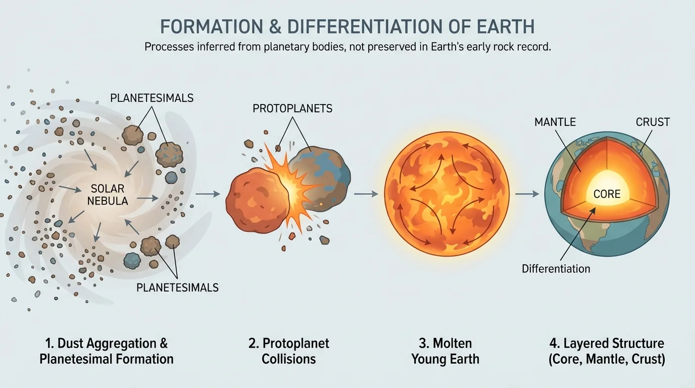 Sequence showing solar nebula dust clumping into planetesimals, protoplanet collisions, and molten young Earth separating into core, mantle, and crust