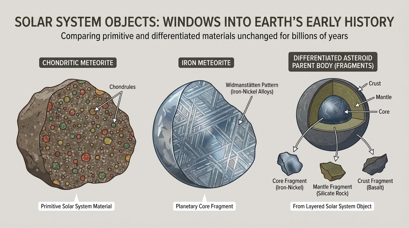 Cutaway comparison of a chondritic meteorite with visible chondrules, an iron meteorite, and fragments from a small differentiated asteroid parent body