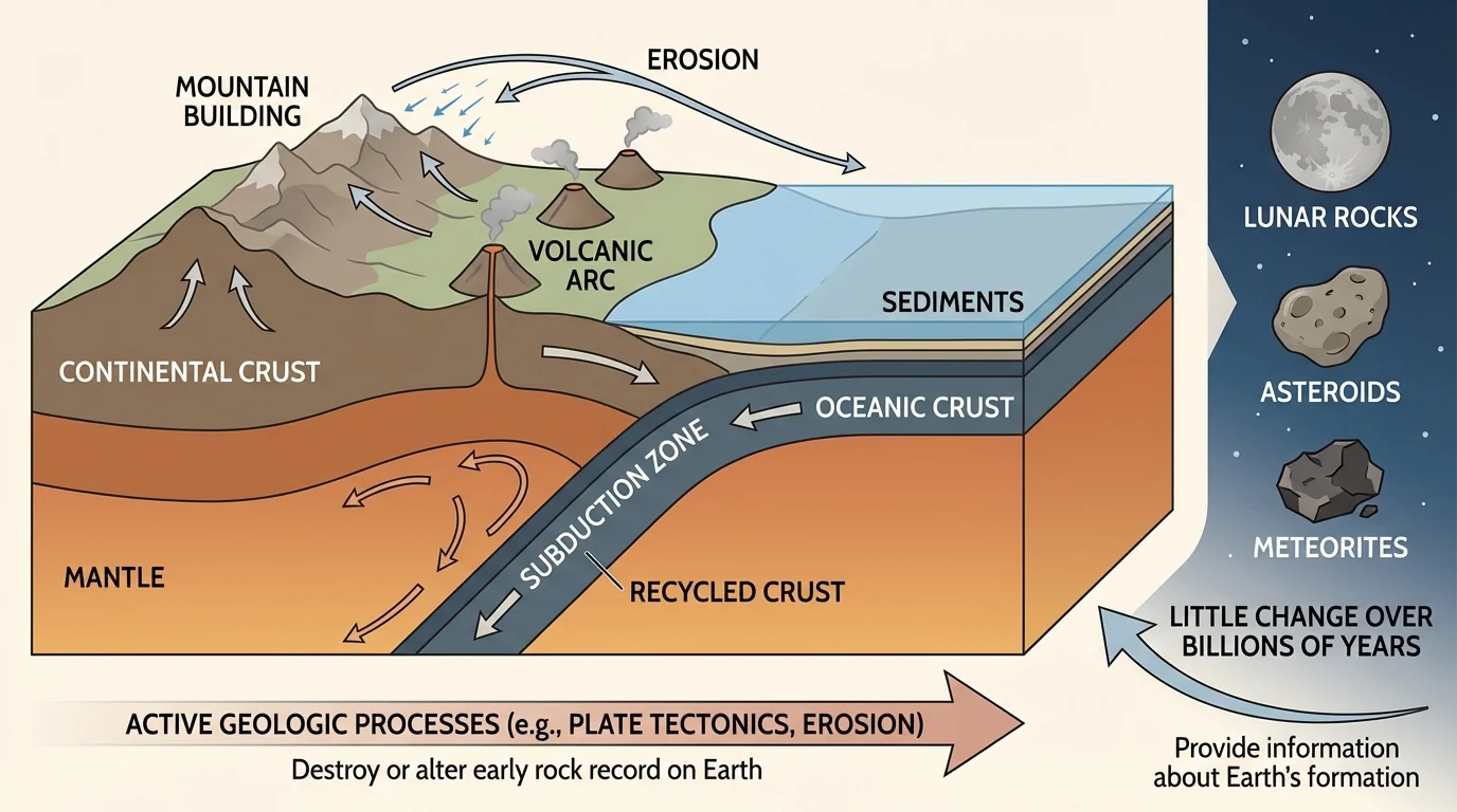 Cross-section of Earth showing tectonic plates, subduction zone, volcanic arc, mountain building, erosion, and recycled crust