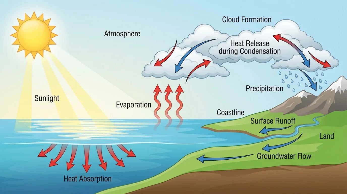 Coastline and ocean with sunlight entering surface water, arrows showing heat absorption, evaporation from warm water, cloud formation, and heat release during condensation over the atmosphere
