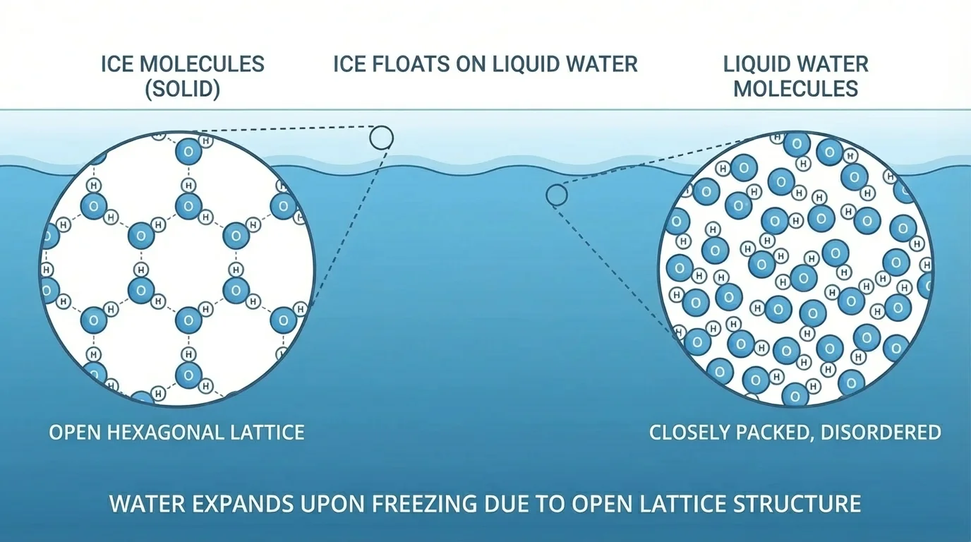 Comparison of liquid water molecules packed close together and ice molecules in an open hexagonal lattice, with ice floating on top of a lake and liquid water below