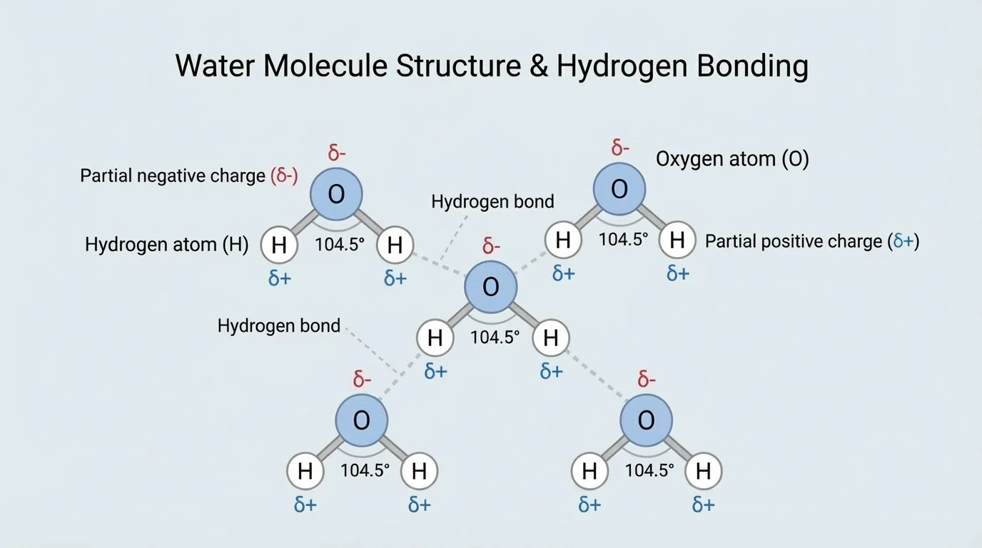 Labeled diagram of several water molecules showing bent shape, partial positive charges on hydrogen, partial negative charge on oxygen, and hydrogen bonds between neighboring molecules