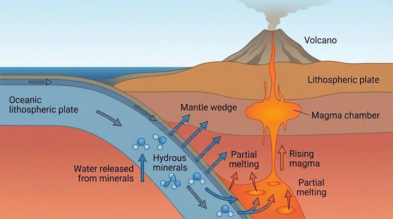 Cross-section of a subduction zone with oceanic plate descending beneath continental plate, water released from minerals into mantle wedge, partial melting, rising magma, and volcano at surface