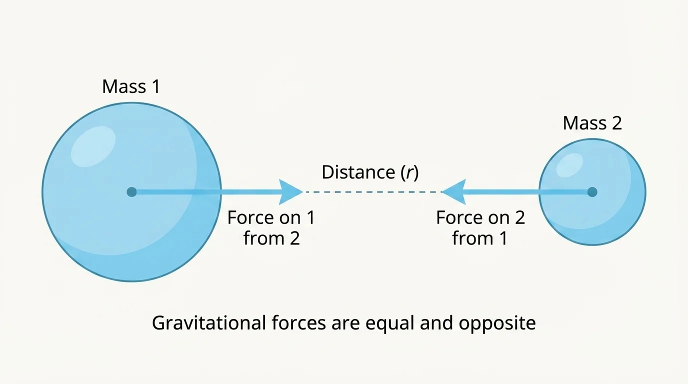 Two spherical masses with centers marked, distance between centers labeled, and arrows showing equal attractive gravitational forces directed toward each other