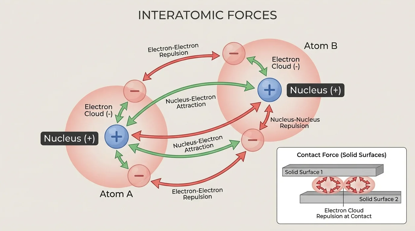 Two nearby atoms with nuclei and electron clouds, arrows showing nucleus-electron attraction and electron-electron and nucleus-nucleus repulsion, plus a small inset of two solid surfaces with electron cloud repulsion at contact