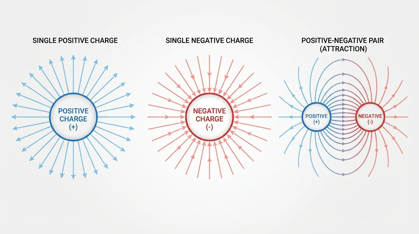 Electric field-line diagram showing one positive charge with outward lines, one negative charge with inward lines, and a positive-negative pair with lines directed from positive to negative