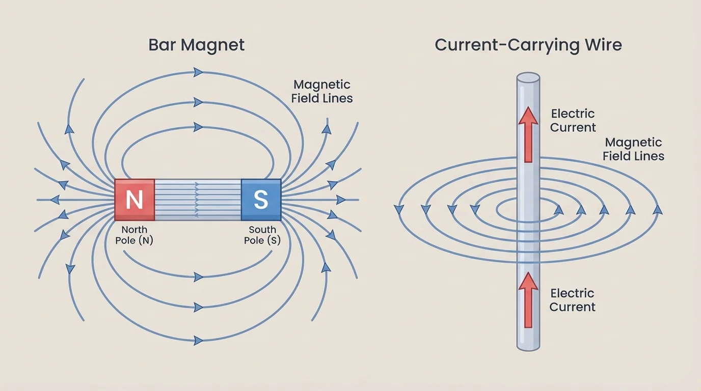 Split diagram with a bar magnet and looping magnetic field lines outside it, plus a straight vertical wire with current direction marked and concentric circular magnetic field lines around the wire