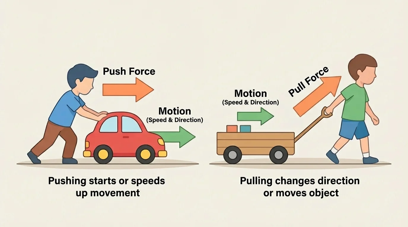 child pushing a toy car and pulling a wagon, arrows showing force directions
