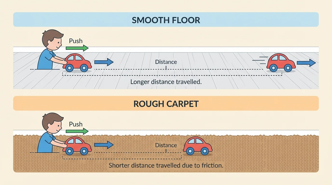 child sliding a toy car on smooth floor and rough carpet, showing shorter travel on carpet