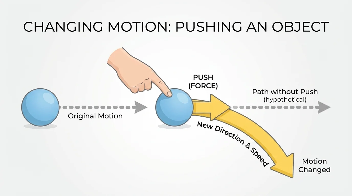 ball rolling straight, then being tapped to turn, with curved arrow path
