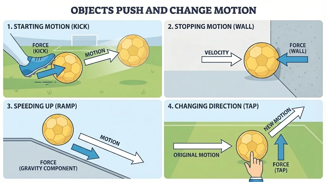 four-panel scene showing a ball starting to move after a kick, stopping at a wall, speeding up on a gentle ramp, and changing direction after a tap
