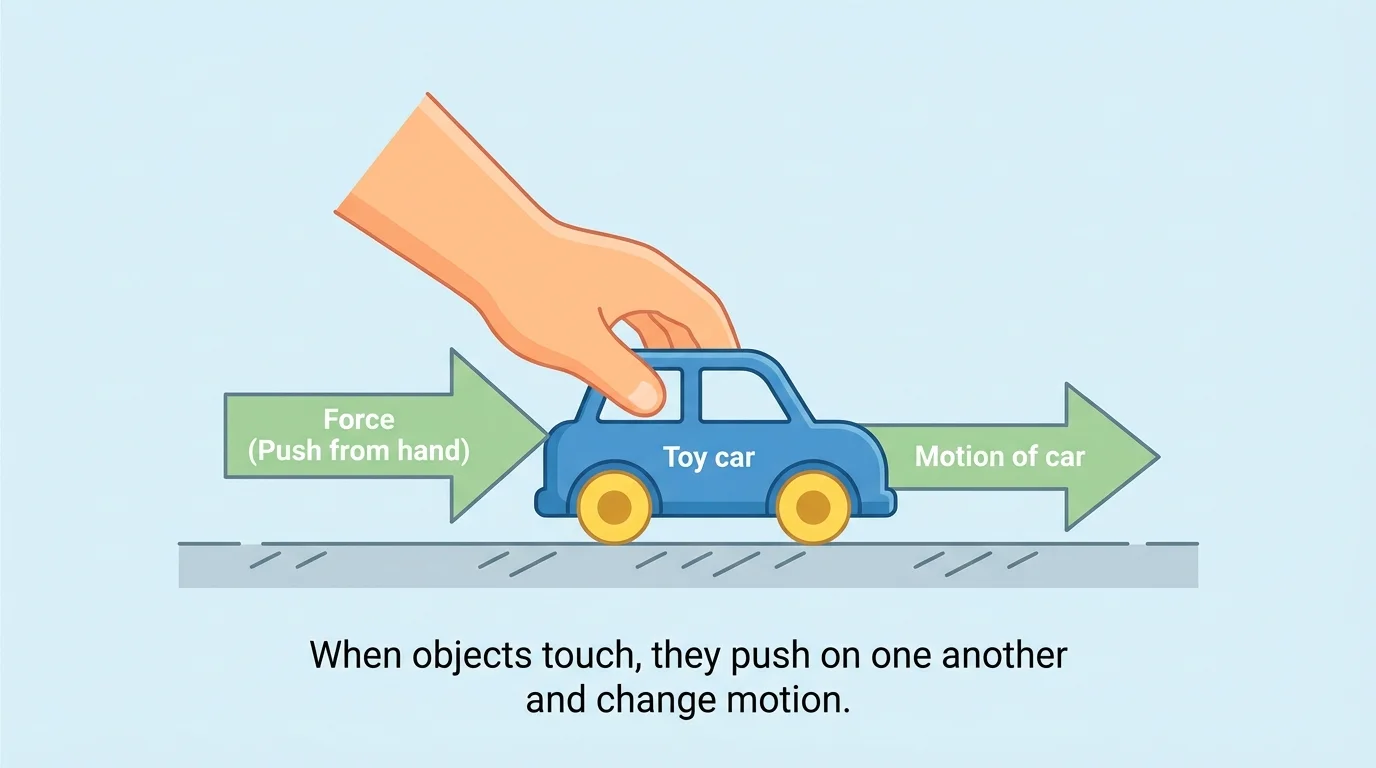 child pushing a toy car so it starts moving across the floor, with simple arrows showing the push from the hand and the motion of the car