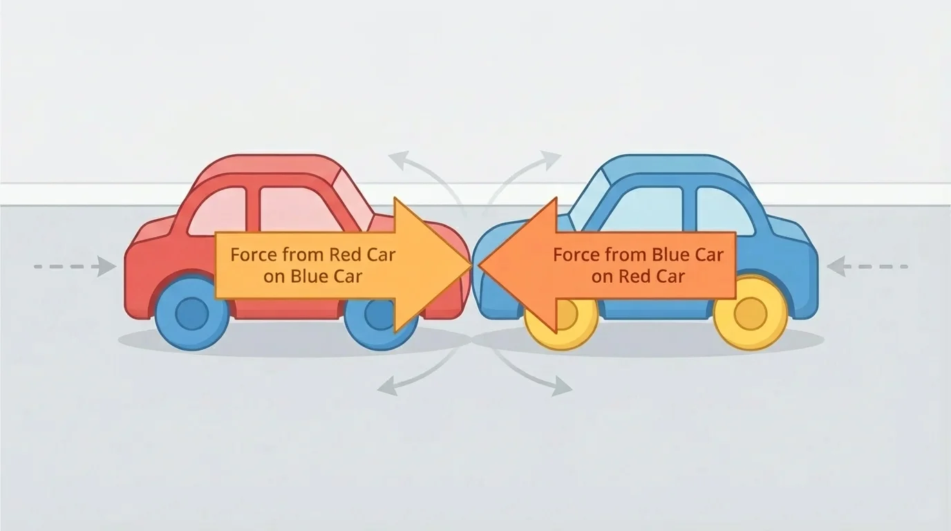 two toy cars colliding front-to-front on a floor, with arrows on both cars showing that each car pushes on the other