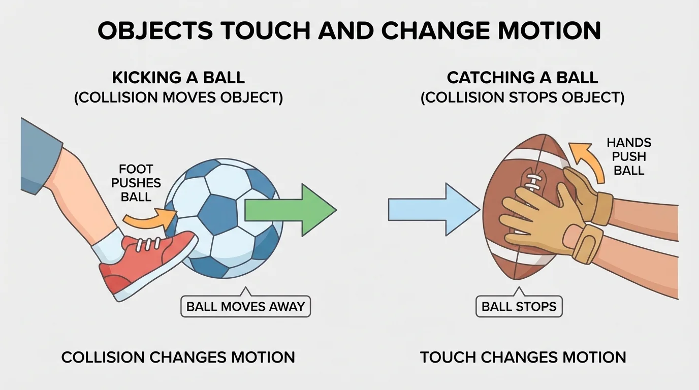 child kicking a soccer ball so it moves away, and another child catching a ball so it stops, with simple arrows showing motion changes