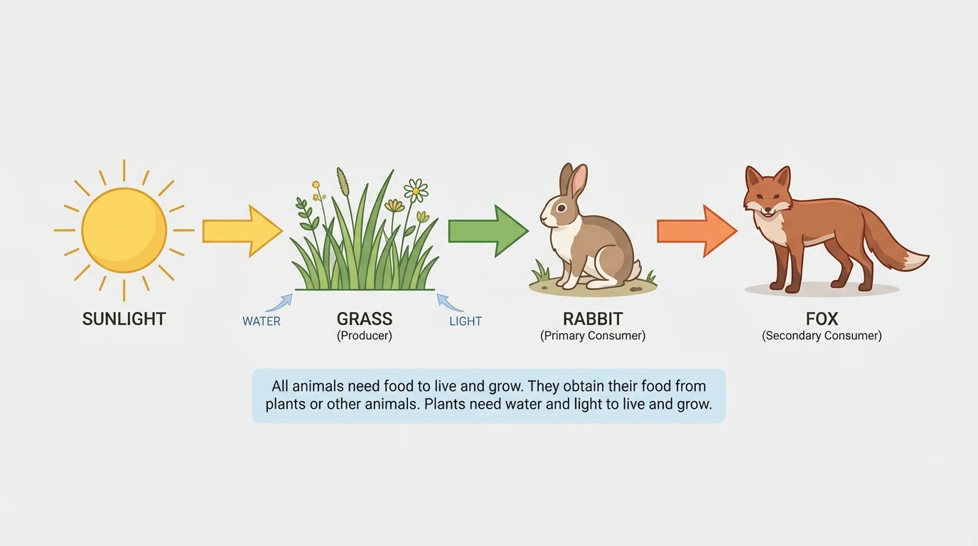Simple food chain showing sunlight to grass to rabbit to fox with arrows showing who gets energy from whom