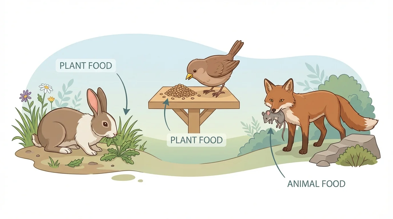 A rabbit eating grass, a bird eating seeds, and a fox eating a small animal, with simple labels for plant food and animal food