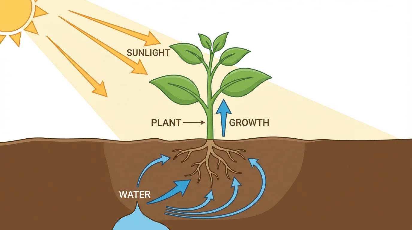 Young green plant in soil with sunlight shining on leaves, water at roots, and arrows showing growth