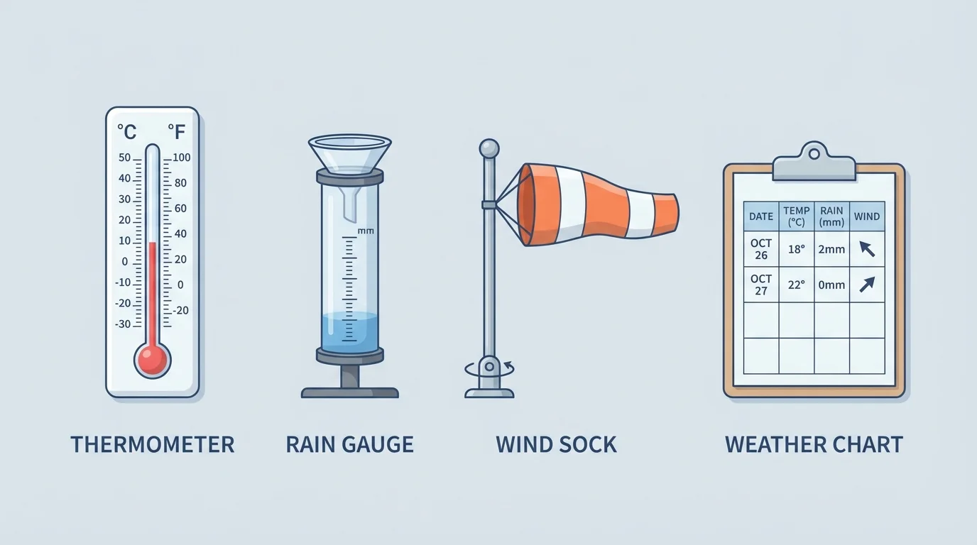 Labeled classroom-style science tools: thermometer, rain gauge, wind sock, and weather chart