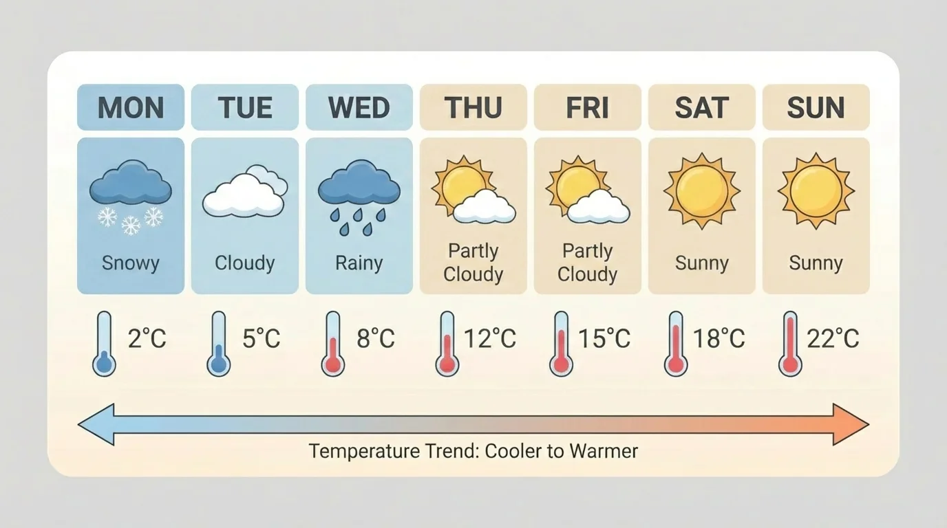 Simple seven-day weather chart with picture symbols for sunny, cloudy, rainy, and temperatures getting warmer or cooler